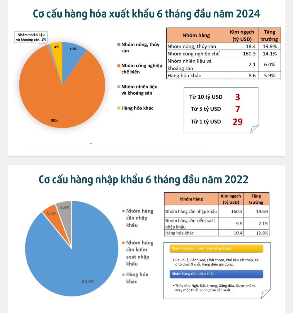 Cơ cấu hàng hóa xuất-nhập khẩu 6 tháng đầu năm 2024.