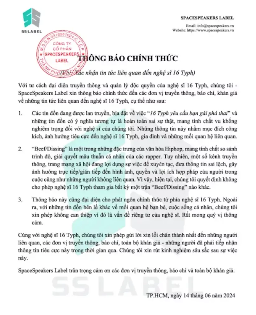 SpaceSpeakers: Thông tin 16 Typh yêu cầu bạn gái phá thai là sai sự thật- Ảnh 1. SpaceSpeakers: Thông tin 16 Typh yêu cầu bạn gái phá thai là sai sự thật- Ảnh 1.